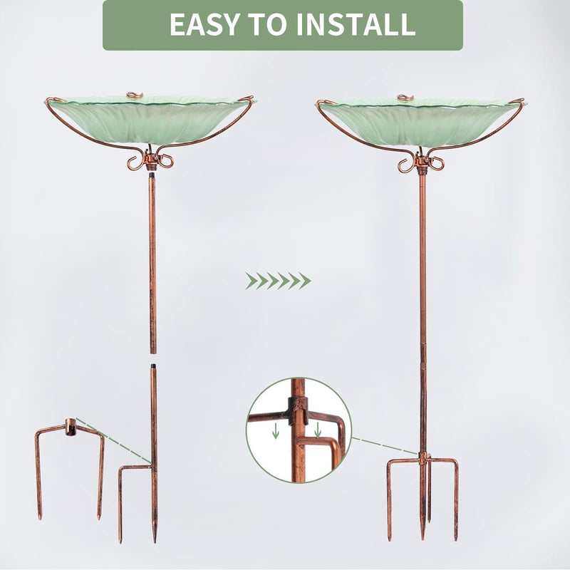 26 Inch Height Glass Birdbath Birdfeeder with Metal Stake Garden Outdoor Green