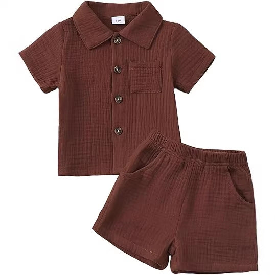 Baby Boy Cotton-Linen Solid Color Textured Fabric Lapel Collar Short-Sleeve Top Elastic Waist Shorts Set