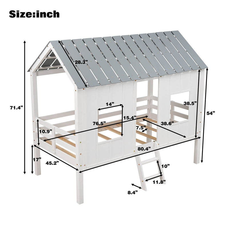 Twin Size Low Loft House Bed With Roof And 2 Front Windows - White