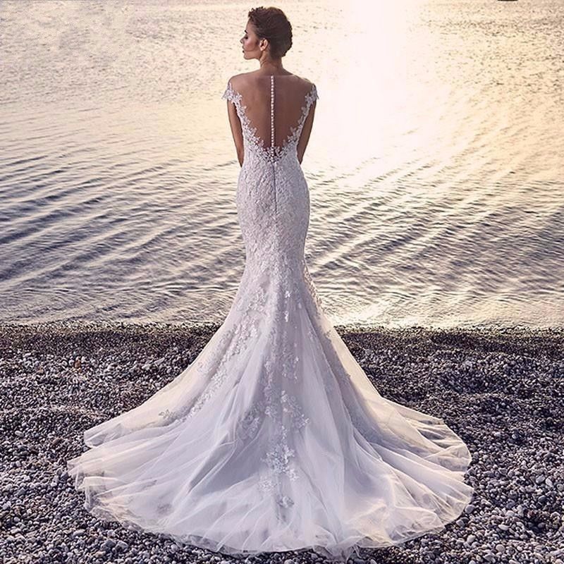 Princess Bride Mermaid Wedding Dress - White Trailing Backless Lace Gown