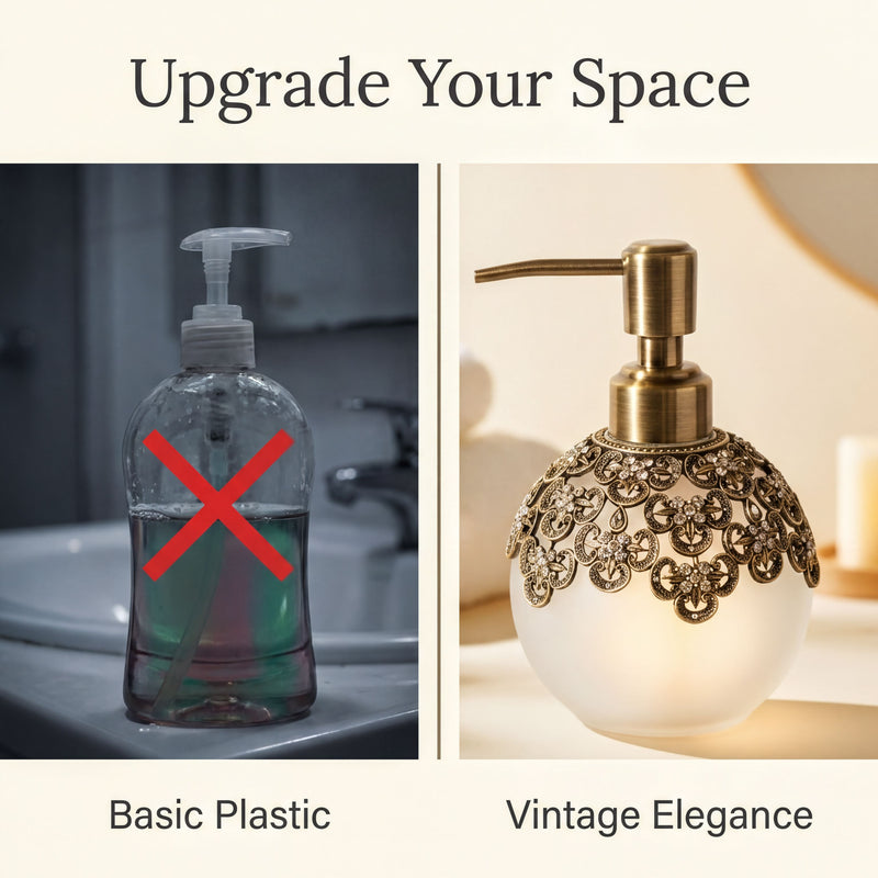 Soap Dispenser – Elegant Frosted Glass, Pewter & Rhinestone Decorative Pump