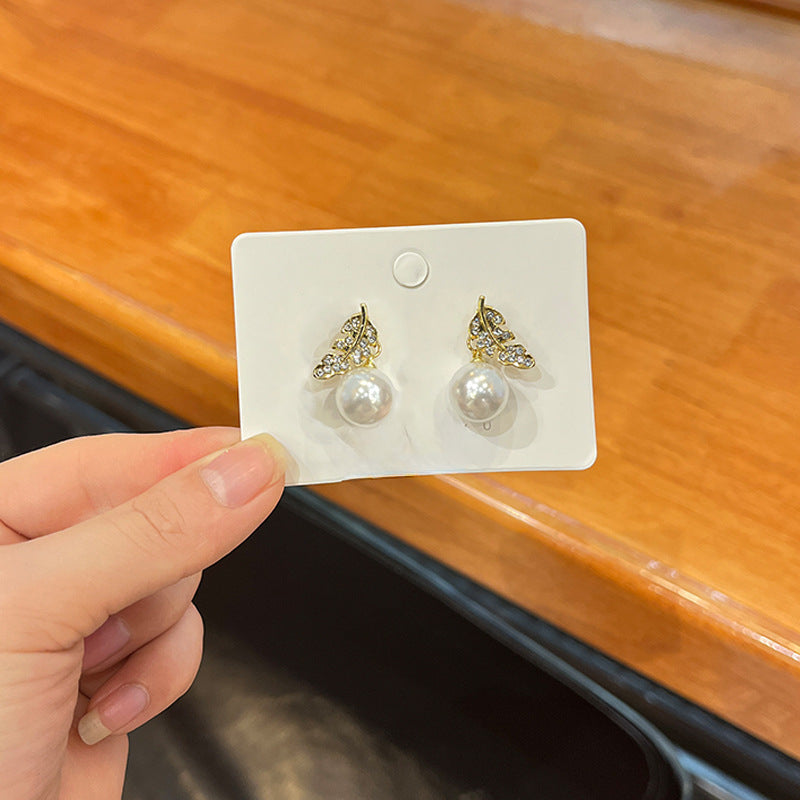Pearl Rhinestone Leaf Earrings
