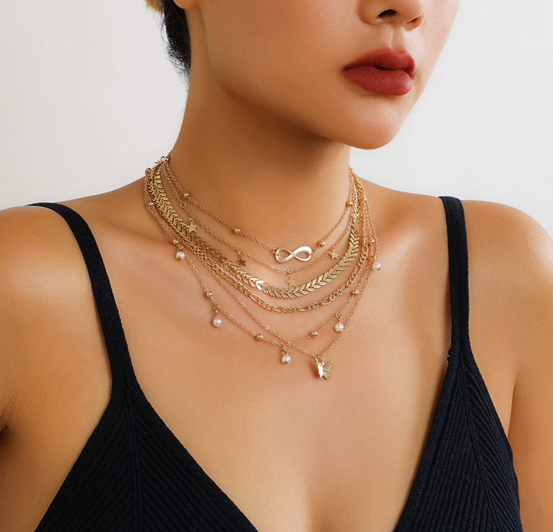 Women Butterfly Tassel Pendant Layered Set Necklace