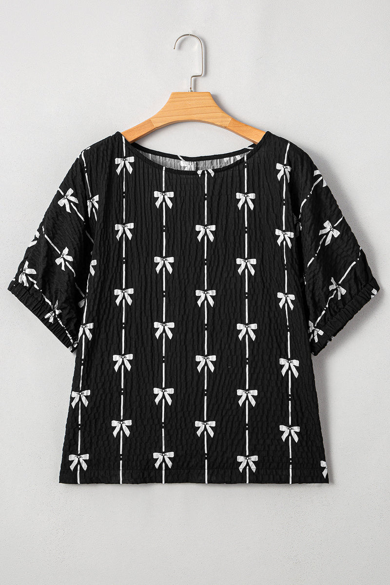 Aviana Bow Print Puff Short Sleeve Top
