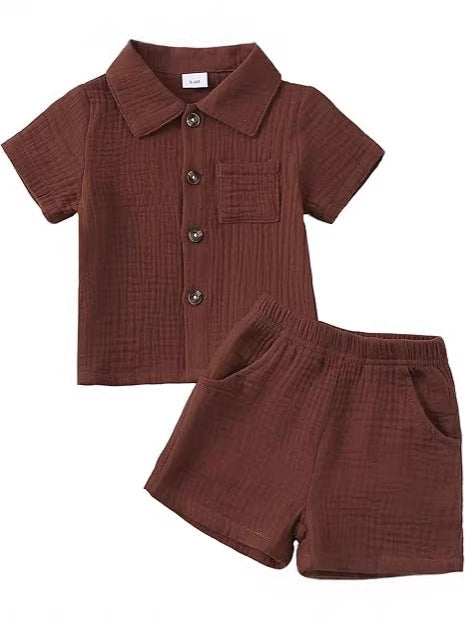 Baby Boy Cotton-Linen Solid Color Textured Fabric Lapel Collar Short-Sleeve Top Elastic Waist Shorts Set