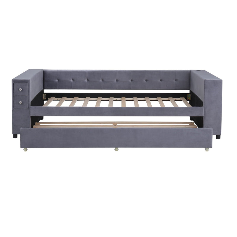 Upholstered Bed With Storage And Twin Trundle, USB Charging Ports