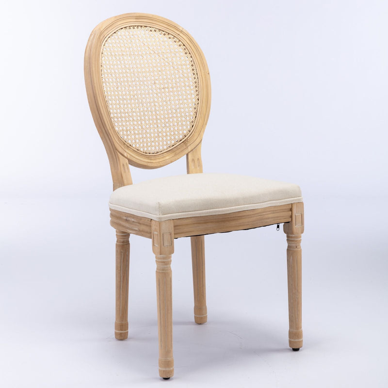 French Style Solid Wood Frame Antique Painting Fabric Rattan Back Dining Chair (Set of 2)
