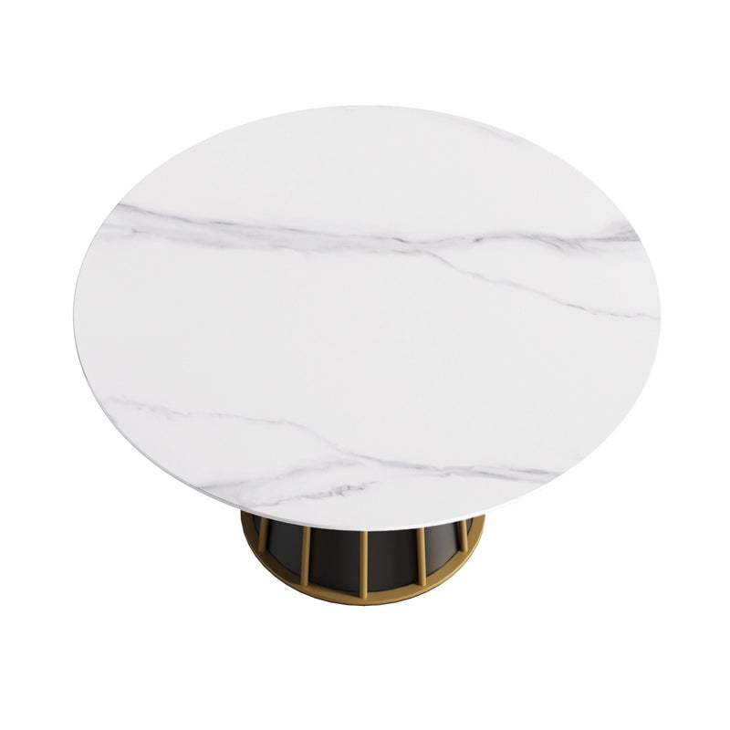 53.15" Modern Artificial Stone Round Panel Metal Iron Base Dining Table, Can Accommodate 6 People, (Not Including Chairs) - White / Black