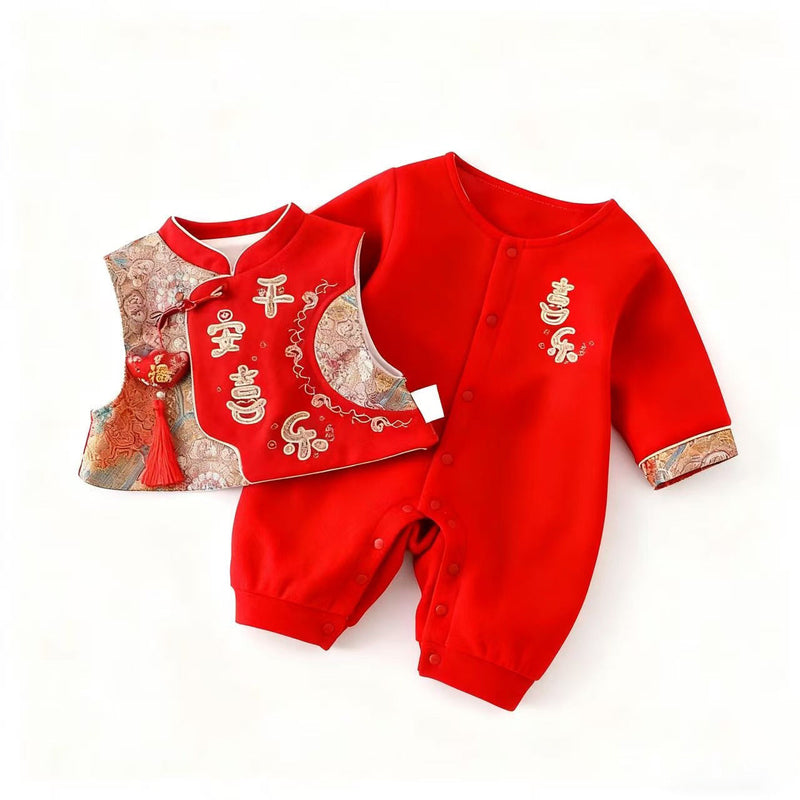 AutumnWinter Red Festive Fleece-Lined Warm RomperCrawling Suit