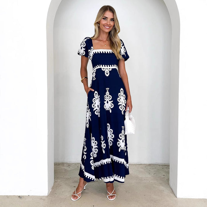 Vacation Style Printed Beach Dress Smocking Dress Women