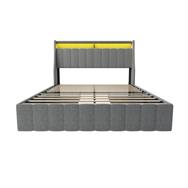 Queen Size Bed Frame With LED Lighting, Winged Headboard With Storage Drawers - Light Gray