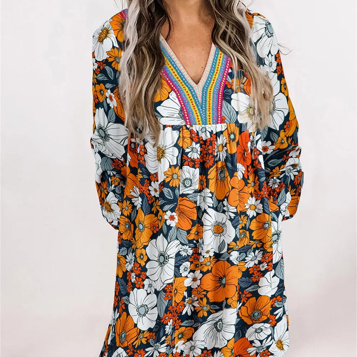 Orange Floral Print Striped Lace V Neck Long Sleeve Mini Dress