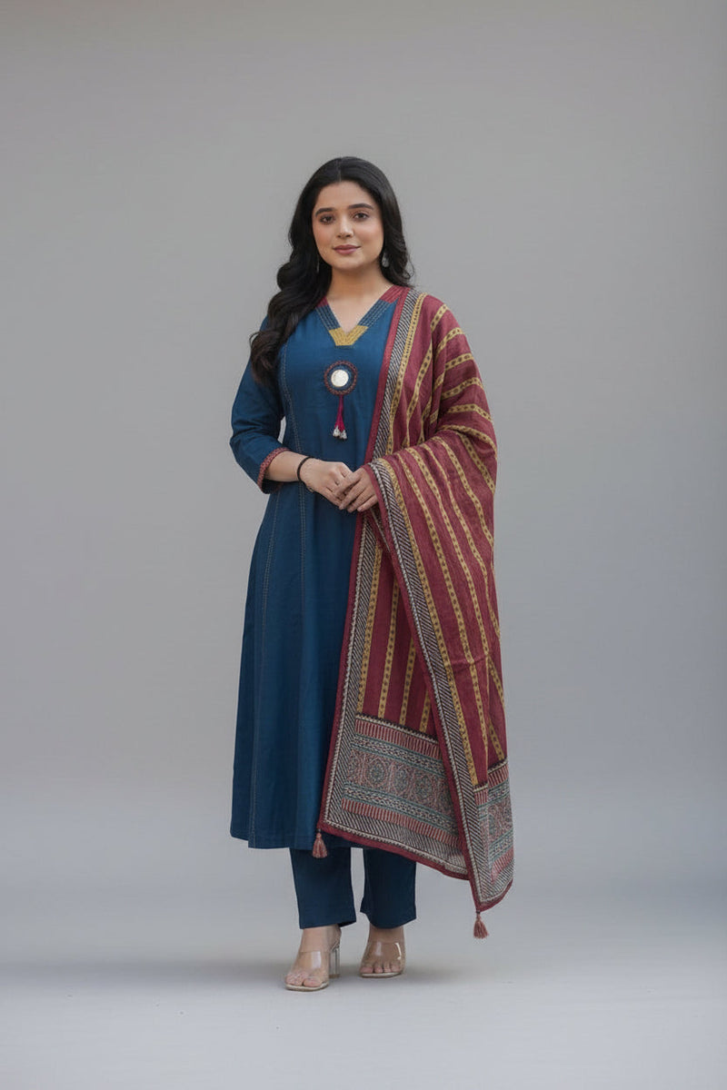 Elegant Navy Blue Kurta Set with Mirror Work & Traditional Striped Dupatta