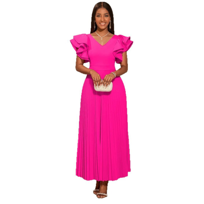 V-neck Elegant New Ruffled Short Sleeve Pleated Skirt