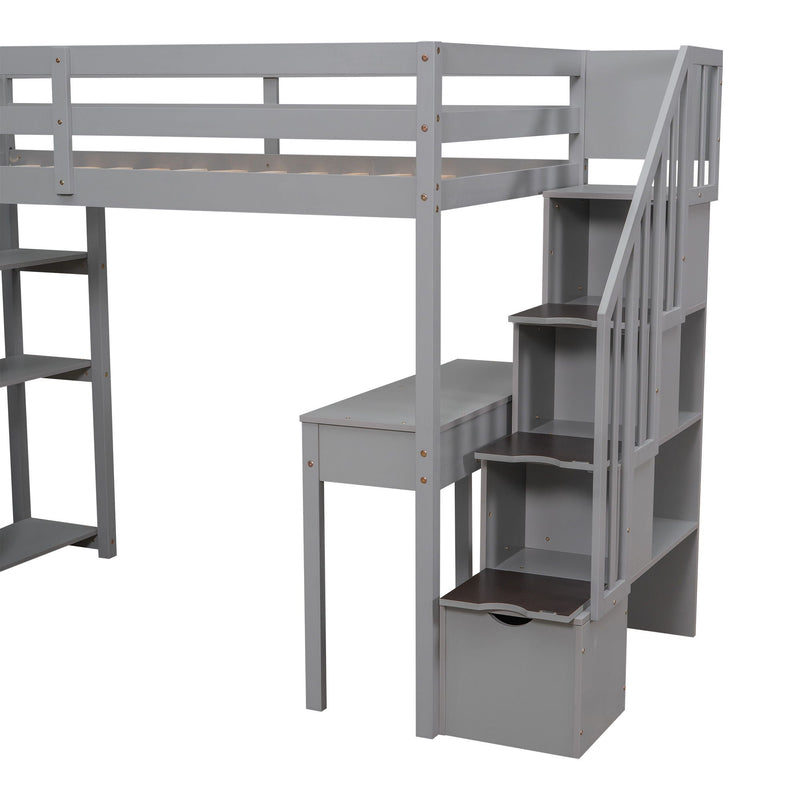 Loft Bed With Storage Drawers, Desk And Stairs With Shelves