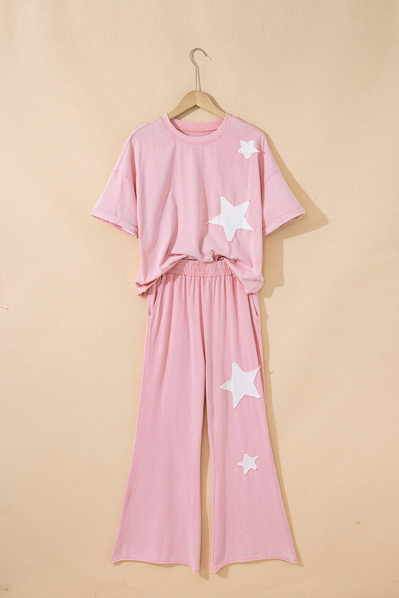 Arabella Acid Wash Star Patched Rolled Trim Pants Set