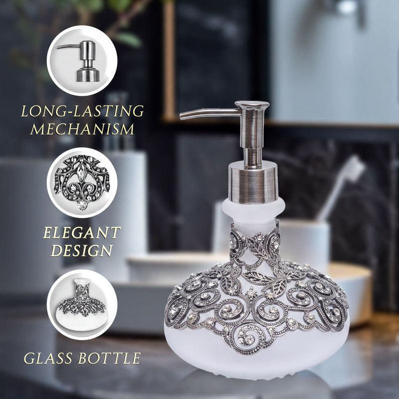 Soap Dispenser - Elegant Frosted Glass Bathroom Lotion Pump Bottle with Rhinestones