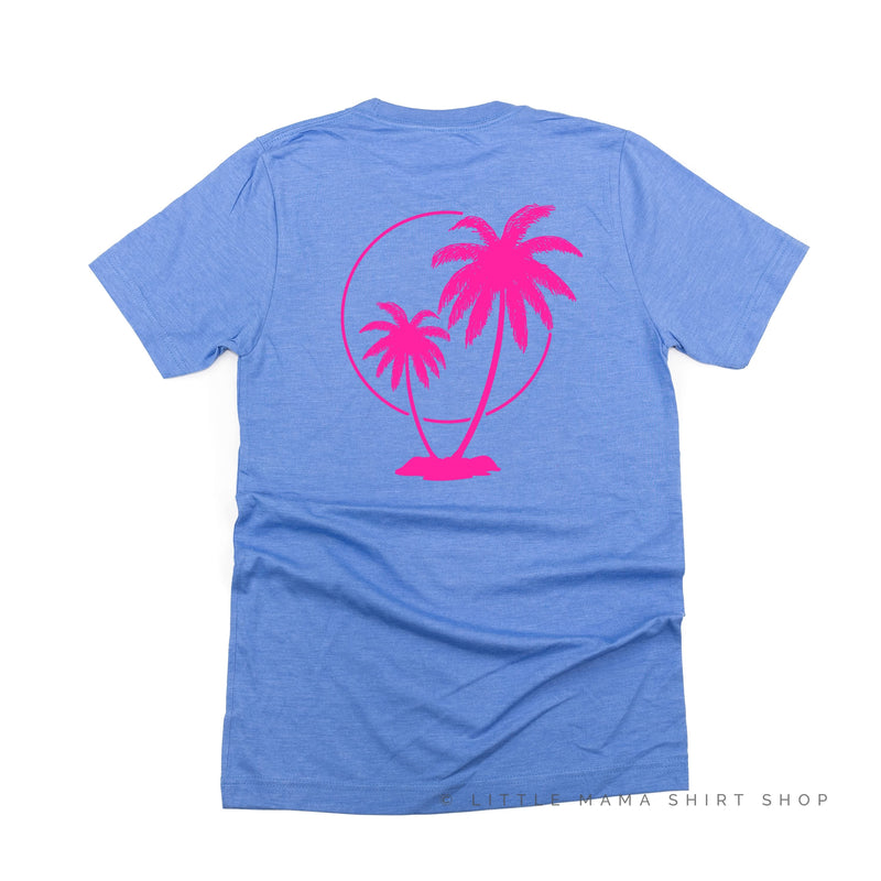 BEACH PLEASE POCKET DESIGN FRONT / 2 PALM TREES BACK - Unisex Tee