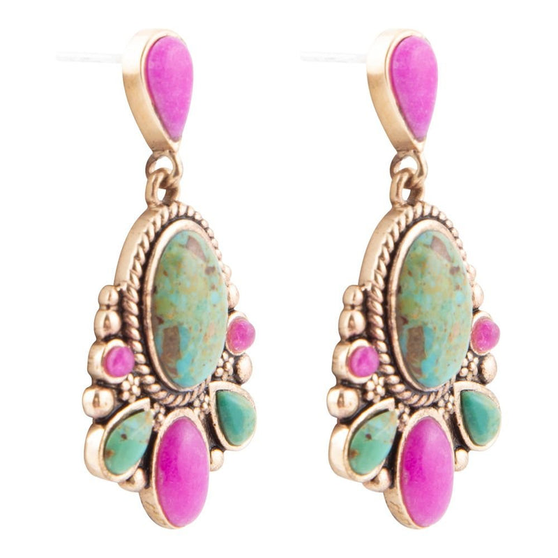 Barcelona Blue Turquoise and Pink Agate Golden Drop Earrings