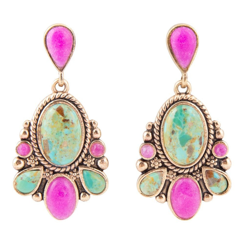 Barcelona Blue Turquoise and Pink Agate Golden Drop Earrings