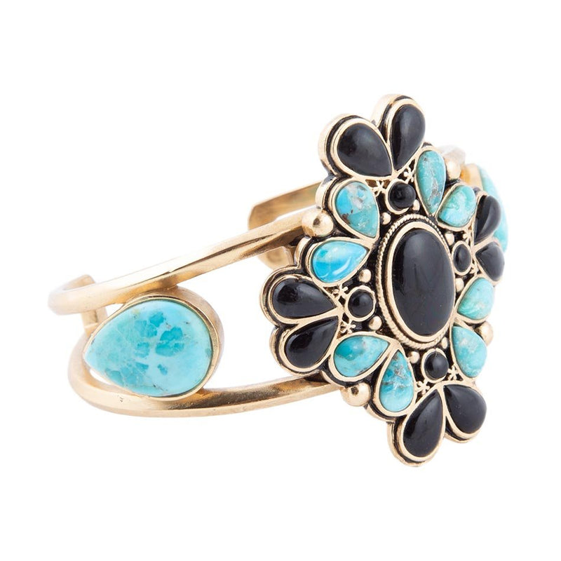 Barcelona Blue Turquoise Black Onyx Golden Cuff Bracelet