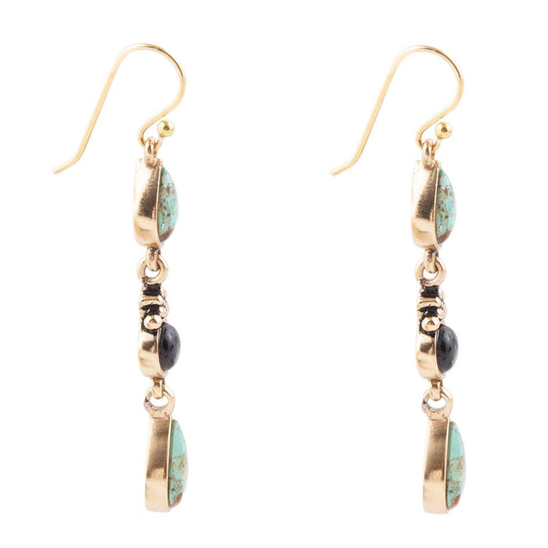 Barcelona Blue Turquoise and Black Onyx Linear Drop Golden Earrings