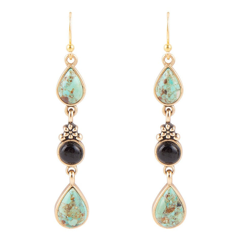 Barcelona Blue Turquoise and Black Onyx Linear Drop Golden Earrings