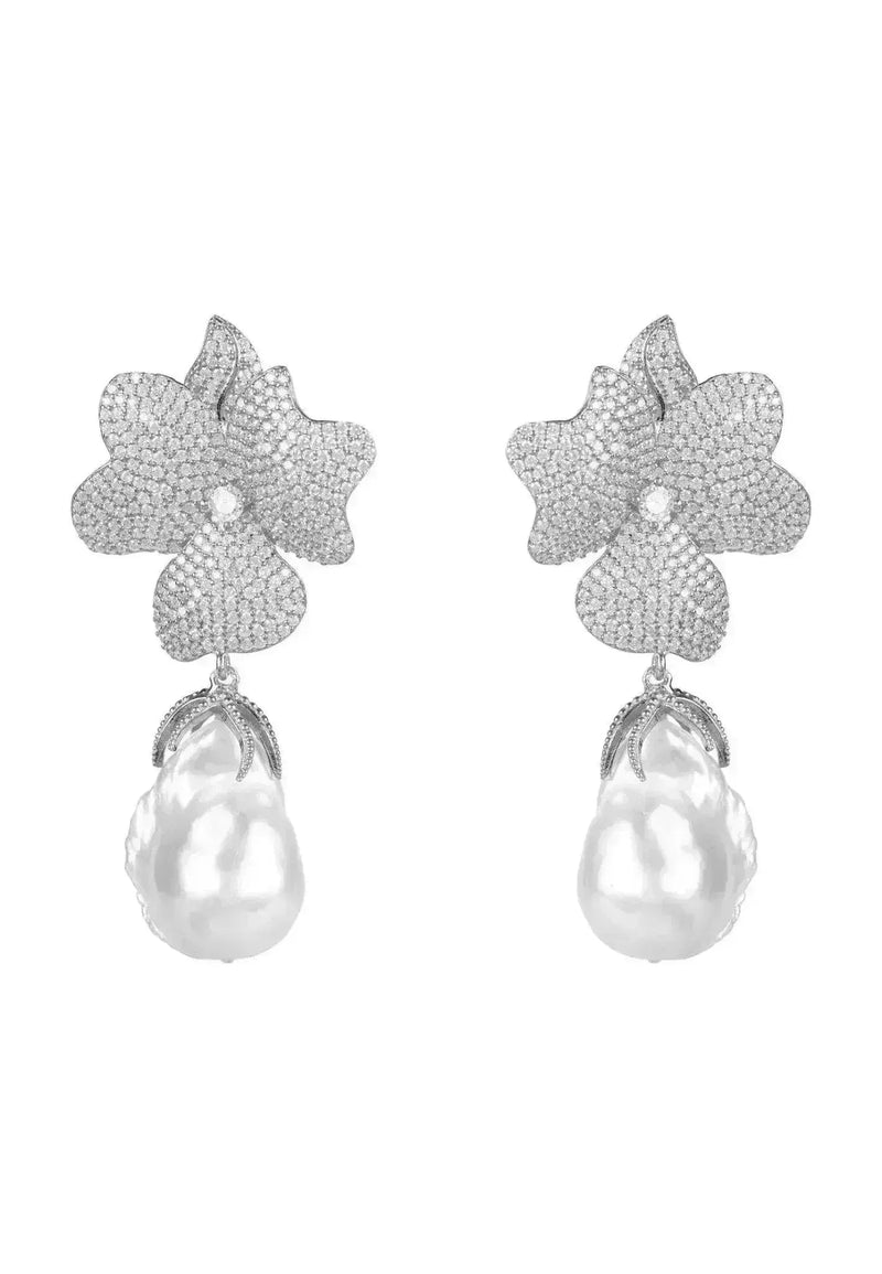 Baroque Pearl Flower Drop Earrings | Wedding Sterling Silver - Femstylo