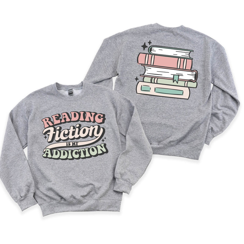 Reading Fiction is My Addiction on Front w/ Books on Back - Basic Fleece