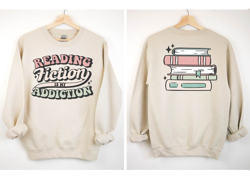 Reading Fiction is My Addiction on Front w/ Books on Back - Basic Fleece
