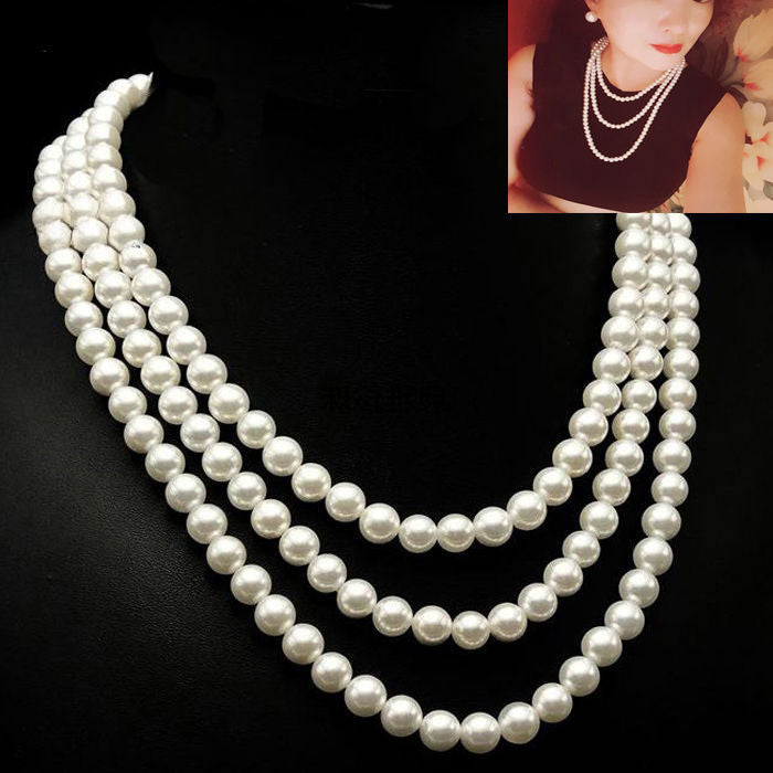 Multilayer Strand Chain Necklace Faux Pearls Flapper Beads Cluster Long Choker Necklace