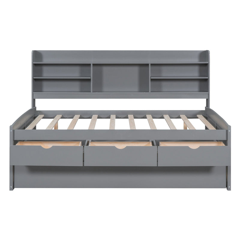 Captain Bed With Built In Bookshelves, 3 Storage Drawers, And Trundle