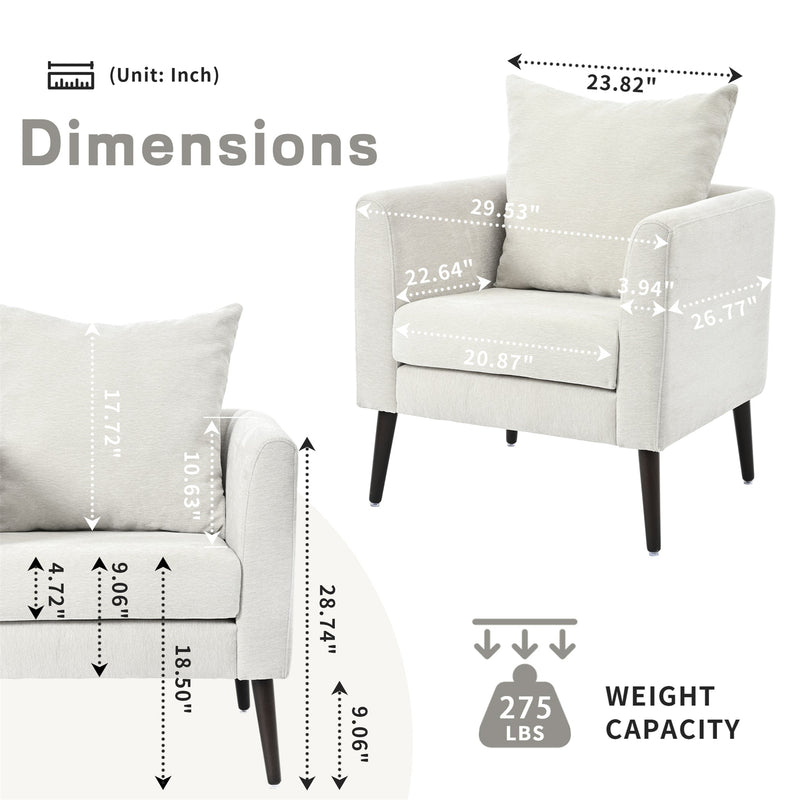 Modern Chenille Accent Chair, Upholstered Armchair for Living Room, Mid Century Fabric Lounge Chair w/Pillow, Comfortable Reading Chair with Wood Legs for Living Room, Bedroom, Reception Room (Beige)
