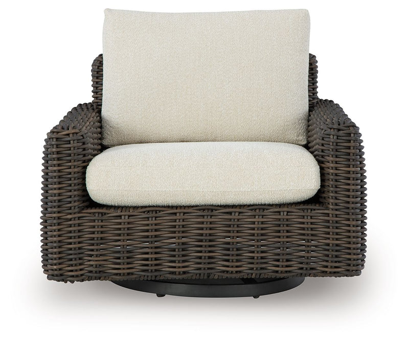 Kimora - 7 Pc. - 4-Piece Outdoor Sectional, Swivel Glider Lounge, Cocktail Table, End Table - Beige / Dark Brown