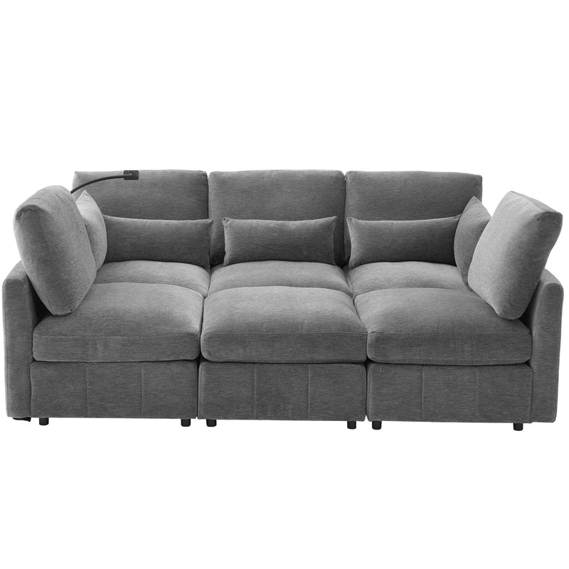 Modern Modular U-Shaped Sofa Bed With Movable Ottoman, USB Ports, Phone Holder