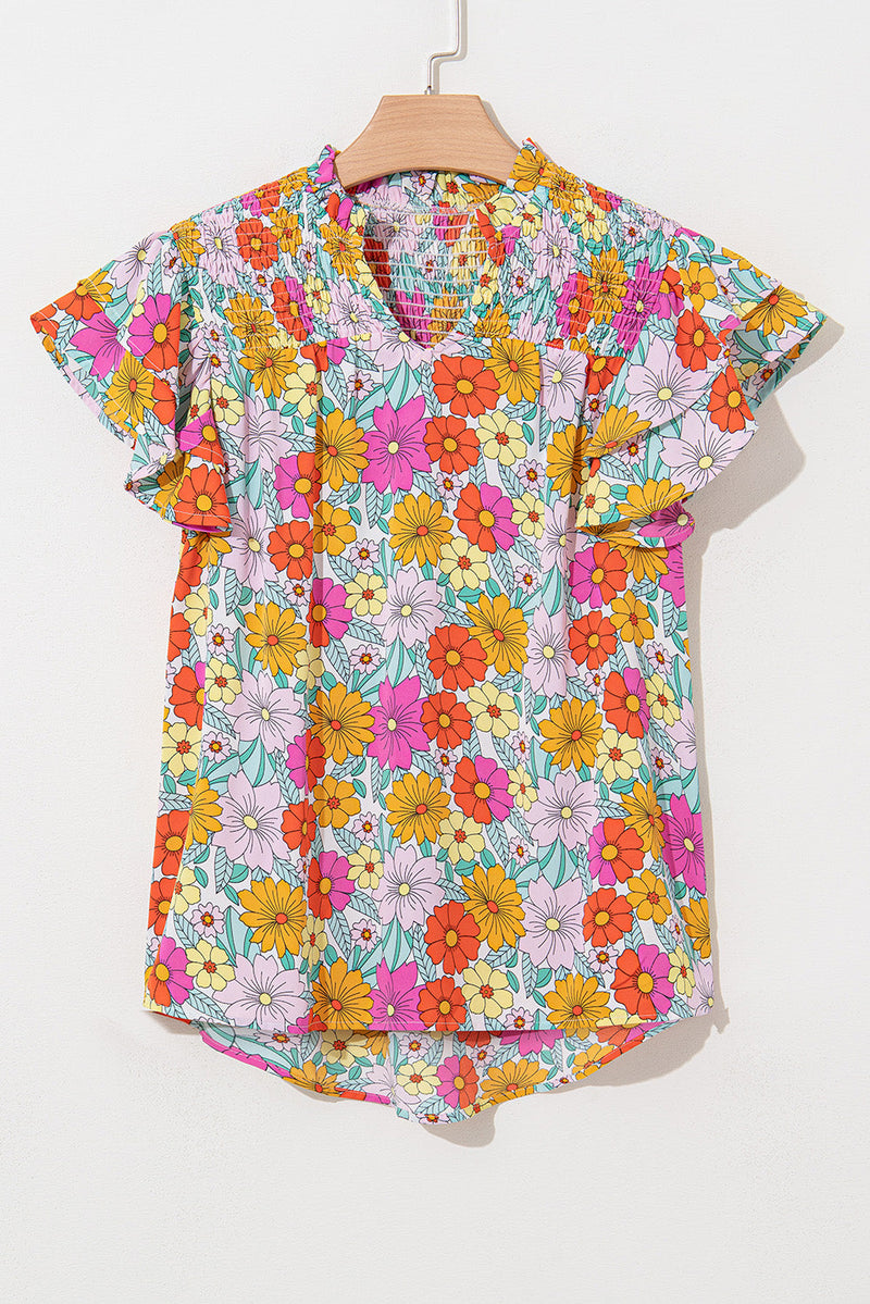 Leslie Floral Shirred Tiered Ruffled Sleeve Blouse