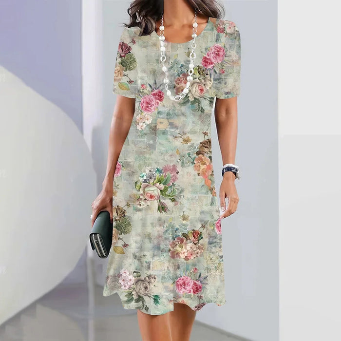 Flower Colorful Sweet Fresh And Loose Round Neck Dress