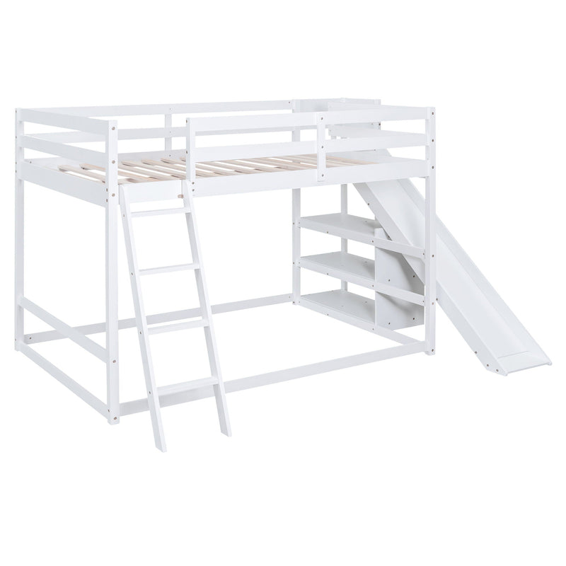Bunk Bed With Ladder, Slide, And Shelves Pine Wood