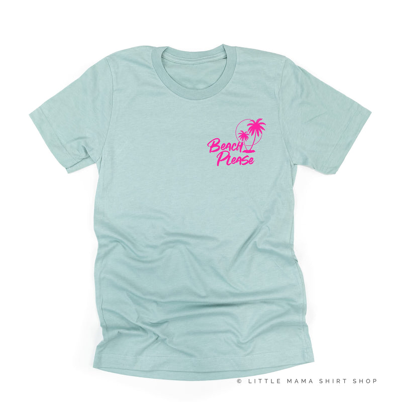 BEACH PLEASE POCKET DESIGN FRONT / 2 PALM TREES BACK - Unisex Tee