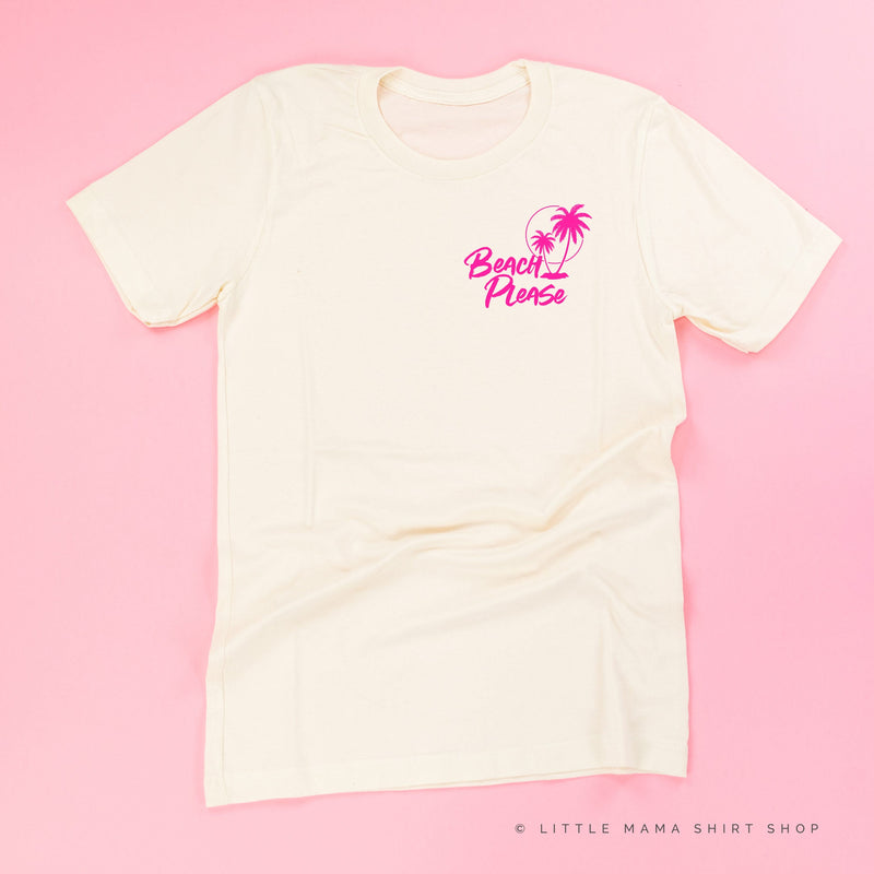 BEACH PLEASE POCKET DESIGN FRONT / 2 PALM TREES BACK - Unisex Tee