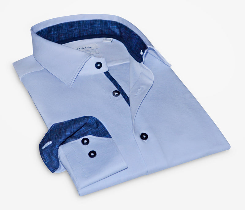 Ralph// Cotton Knit-Stretch Button-Up Shirt With Contrast Details // Blue // Tailored Fit (Fitted)