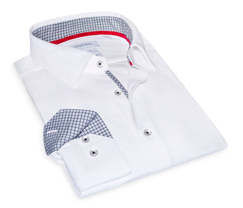 Jason// Cotton Knit-Stretch Button-Up Shirt With Contrast Details // White // Tailored Fit (Fitted)
