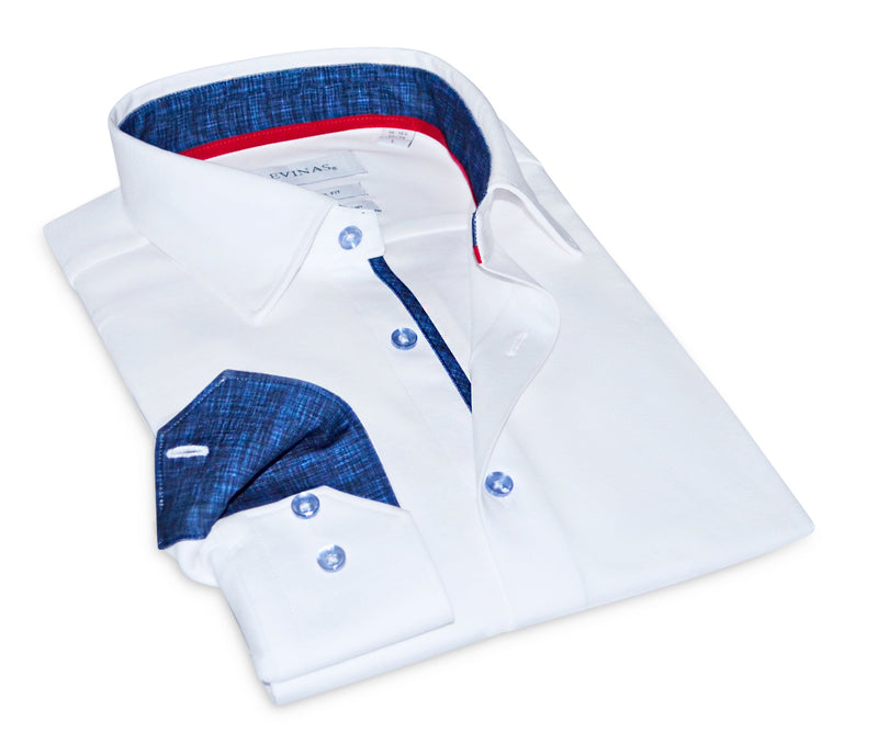 Ron// Cotton Knit-Stretch Button-Up Shirt With Contrast Details // White // Tailored Fit (Fitted)