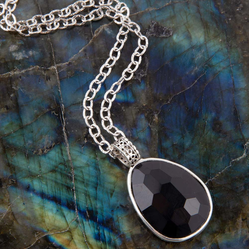 Black Onyx and Sterling Silver Teardrop Pendant Necklace