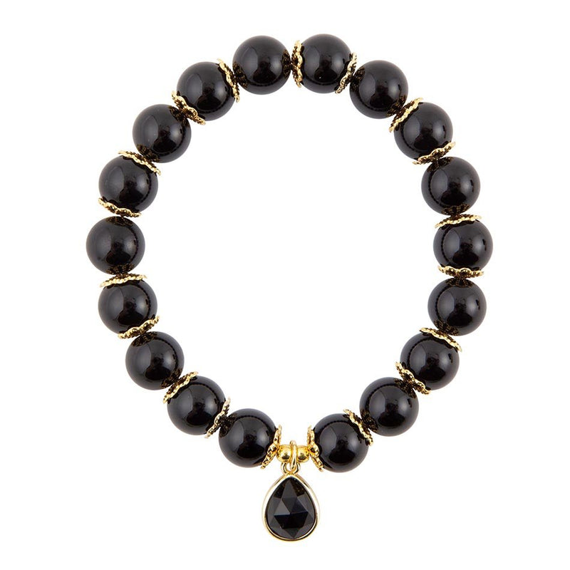 Black Onyx Gold Tone Beaded Stretch Bracelet