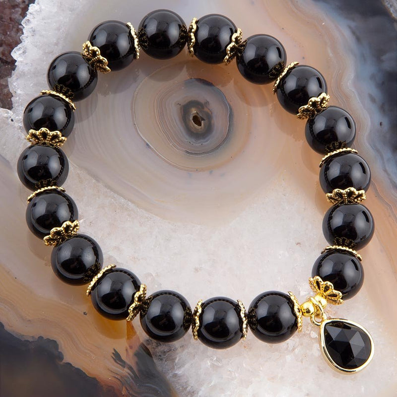 Black Onyx Gold Tone Beaded Stretch Bracelet