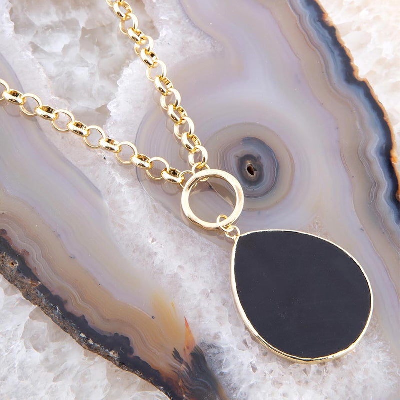 Black Onyx Teardrop Golden Chain Necklace