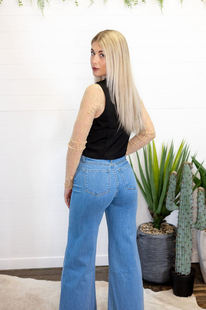 O2 Front Seam Wide Leg Denim Jeans - Light Wash