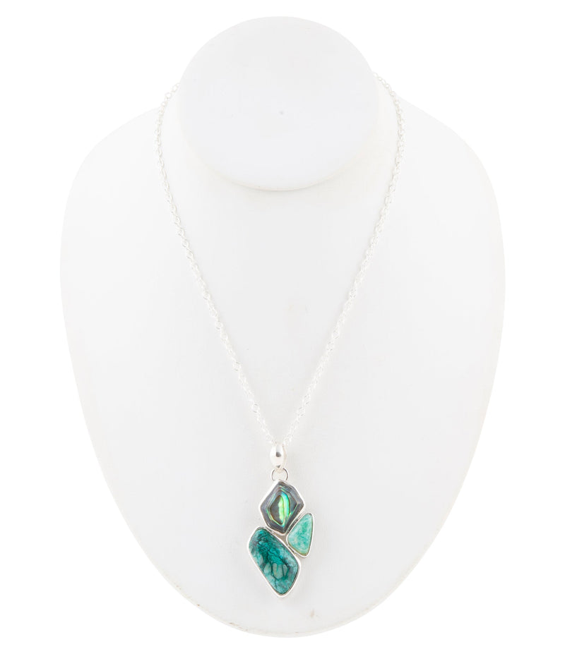 Blue Abalone Fire Sterling Silver Cluster Pendant Necklace