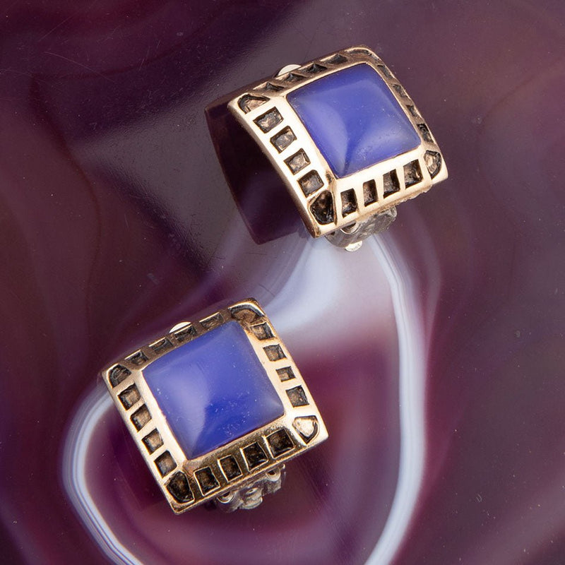 Blue Agate Golden Clip Earrings